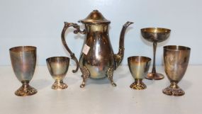 Silverplate Coffee Pot, Champagne, and Four Silverplate Cups