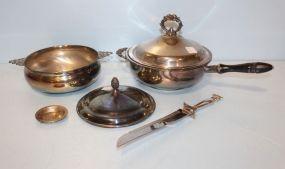 Two Silverplate Covered Casseroles with Handles, Lids, and Cake Knife