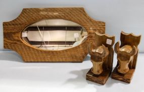 Wood Bull Bookends and Wood Framed Mirror