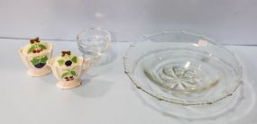 Clear Glass Center Bowl, Sherbet, Grape Pattern Sugar and Creamer