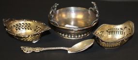 Two Sterling Nut Dishes, Sterling Souvenir Spoon James Tufts Quadruple Plate Dish