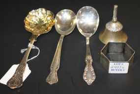 Two Small Rogers Brothers Jelly Spoons and Sheffield Nut Spoon, Broken Plated Dinner Bell Dated 9-21-14 (Wildberger) napkin ring