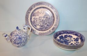 Four Blue and White Porcelain Bowls, Plate, and Tea Pot