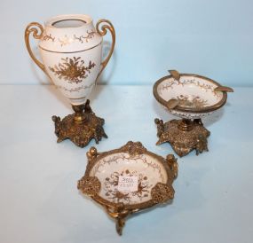 Three Piece Taj Imports Porcelain with Brass Cupid Ashtray, Vase