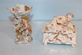Small Vintage Porcelain Base with Cupid, Vintage Box with Cupid Lid