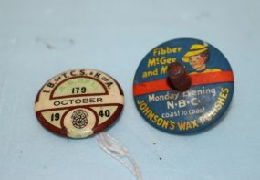 Fibber McGee and Molly Spin Top, and I.B. of T.C.S. & H. of A. Lapel Pin