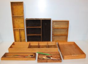 Seven Wooden Boxes, Paint Brushes, and Miscellaneous