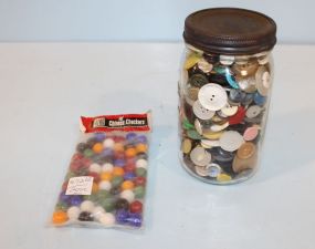 Fruit Jar of Buttons and Bag of Vitro Chinese Checker Marbles