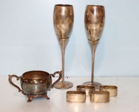Made in China Pair Tulip Design Silverplate Wine Glasses, Four Plated Napkin Rings, Silverplate Sugar Bowl