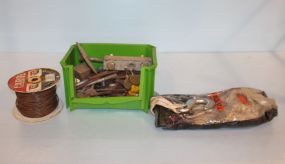 Green Plastic Box of Bolts and Washers, Tow Strap, and Wire