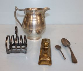 Pewter Pitcher, Two Spoons, Brass Paper Weight, Walker & Hall Sheffield Toast Holder