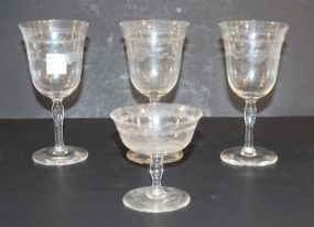 Three Etched Wine Glasses and Sherbet