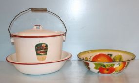 Enamel Covered Pot, Bowl, Fruit Painted Enamel Bowl