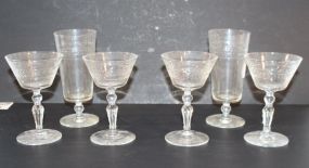 Set of Four Etched Wine Glasses, Two Water Glasses