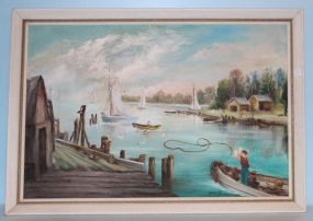 Oil on Board Scene of Sailboats, Cabins, Fisherman at the Dock, Signed Gridley