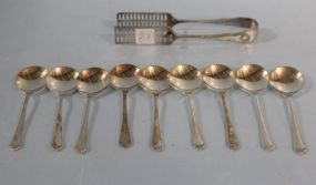 Plated Tongs, Set of Nine Plated Bouillon Spoons