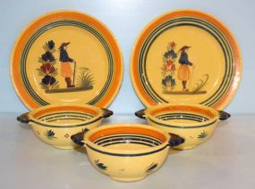 Two Quimper Plates, Three Bouillon Bowls