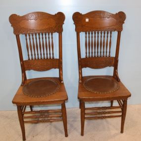 Pair Heavily Carved Oak Kitchen Chairs