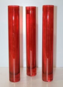 Set of Three Red Tubular Glass Vases