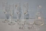 Four Flute Glasses, Carafe, Two Candleholders