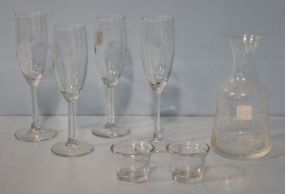 Four Flute Glasses, Carafe, Two Candleholders