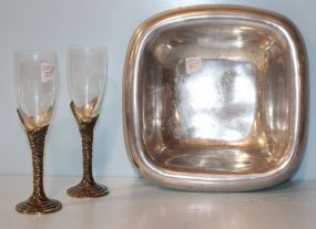 Pewter Dish, Two Silverplate Base Glasses
