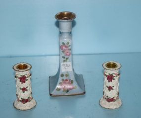Pair Resin Candlesticks with Roses, Hand Painted Candlestick