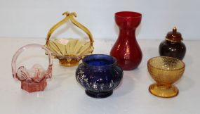 Amber Basket, Pink Basket, Blue Vase, Red Vase, Amber Dish, Brown Temple Jar