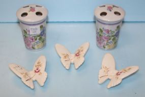Three Porcelain Butterflies, Two Toothpick Holders