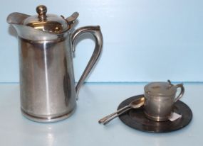 Stainless Steel Pitcher, Small Saucer, Two Spoons, Plate