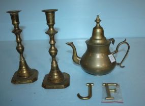 Pair Brass Candlesticks, Brass Pot, Letters J and F