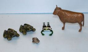 Metal Cow, Two Ceramic Frogs, Ceramic Turtle, Glass Leaping Frog
