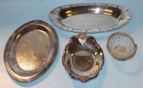 Three Various Size Oval Silverplate Trays and Small Brass Basket