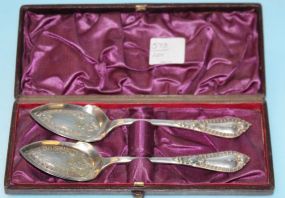 Two Bright Cut Silverplate Victorian Spoons in Box