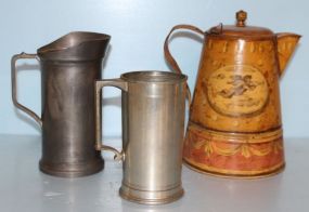 Two Pewter Pitchers, Painted Kettle