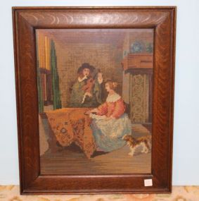 Needlepoint of Gent, Lady and Dog in Nice Oak Frame