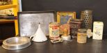 Enamel Funnel, Grater, Aluminum Cake Decorating Kit, and Tins