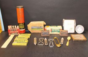 Vintage Bottle Openers, Aluminum Expandable Cup, Band-Aid Tin, Satina Soap, Paraffin Mini Bottles