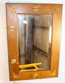 20th Century Oak Beveled Glass Mirror with Brass Hooks