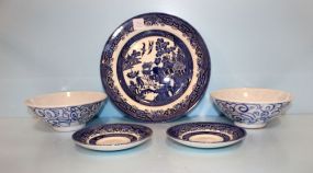 Blue and White Plate, Two Saucers, Two Bowls