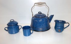Four Pieces Blue Graniteware