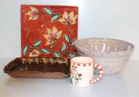 Gail Pittman Square Painted Tray, Pottery Rectangular Tray, Western Stoneware Bowl, and Mug