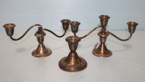 Single Gorham Weighted Candlestick, Two Alvin Sterling Two Arm Candlesticks with Center