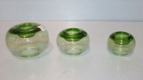 Three Various Size Green Glass Candle Holders