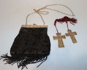 Black Beaded Purse and Two Crosses