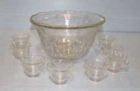 Glass Punch Bowl, Eight Cups