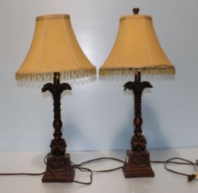 Pair Wood Monkey Lamps