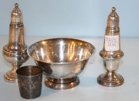 Pair of Sterling Weighted Shakers, Sterling Shot Cup, Sterling Dish