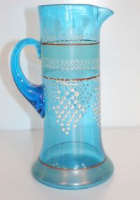 Victorian Blue Glass Pitcher with Enamel Decoration