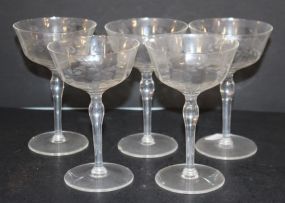 Set of Five Etched Glass Champagnes